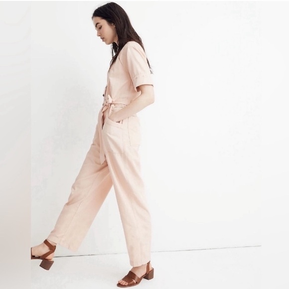 Madewell Light Pink Button Front Belted Utility Jumpsuit - Picture 2 of 10